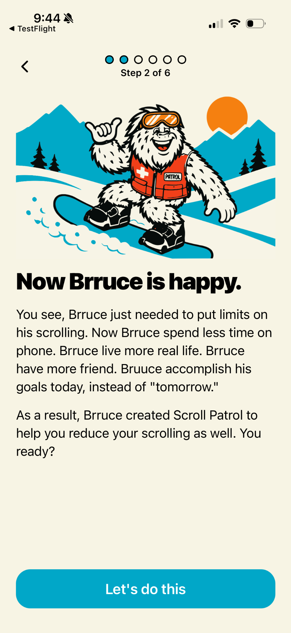 Brruce, the Scroll Patrol yeti, snowboarding in the mountains